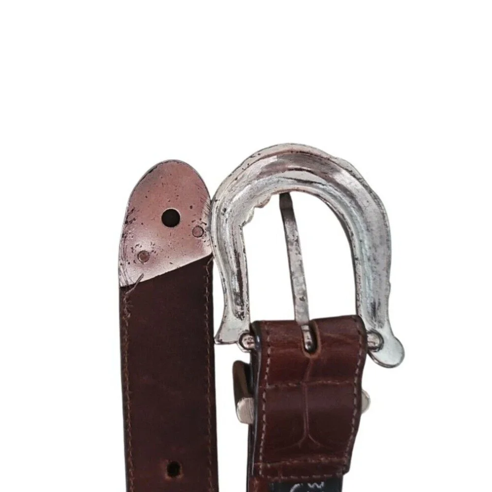 Brighton Vintage Leather Belt Women’s M Brown Silver Scroll Buckle Western USA